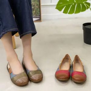 여자 편안한 소가죽 패치워크 플랫슈즈