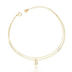 14K 골드 이니셜 D 큐빅 팬던트 두줄 체인 금 팔찌