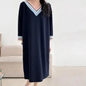여성 오버핏 임부복 브이넥 배색 긴팔 미디 롱 원피스