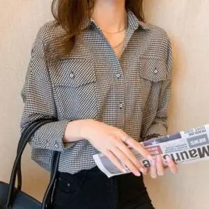 1P 카라 체크 출퇴근룩기본 긴팔 셔츠 블라우스 남방