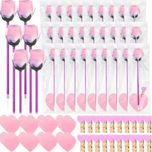 예시야 48 세트 발렌타인데이 플라워 로즈 펜 벌크 선물과 스티커 메모 하트 클립 여성 교사용 구디백 핑크