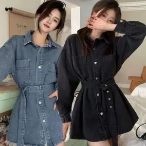 데님 미니 셔츠 허리 원피스 겸용 청 여성 벨트