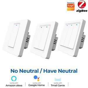 Tuya Zigbee 스마트 스위치 중성선 없음 커패시터 1/2/3Gang EU 벽 푸시 라이트 Alexa Google 용 라이프 AP