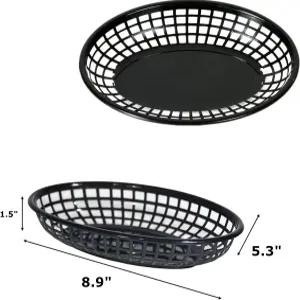 NROZIET 50팩 타원형 패스트푸드 바구니 재사용 가능한 블랙 브레드 플라스틱 델리 칩 햄버거 감자튀김