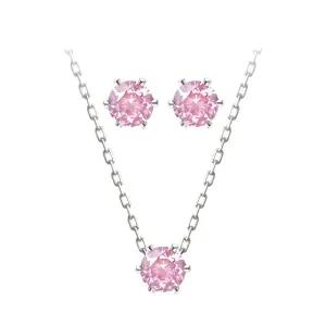 핑크 크리스탈 큐빅 6프롱 세팅 92.5 실버 은 귀걸이 목걸이 세트