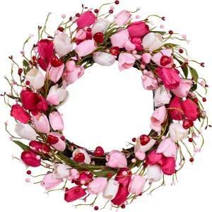 마잉카웅 발렌타인데이 장식 20인치 화환 핑크 발렌타인 화환과 레드 러브 하트 베리 튤립 결혼 기념일