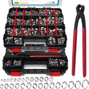 383PCS 28사이즈 싱글 이어 호스 클램프 304스테인리스 스틸 5.333.1mm 스텝리스 조절 가능한 자동차