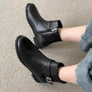 [옷자락]여성 일상용 버클 기모 중간굽 앵클부츠