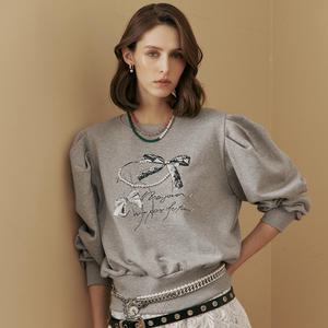 [MAXZA] 진주 리본 비즈 퍼프소매 맨투맨 티셔츠