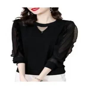 긴팔 댄스복 상의 블랙 시스루 라인댄스 라틴 체형커버 연습복