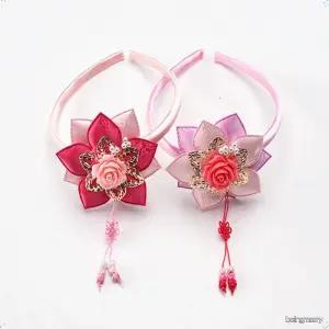 고급 한복 여아 돌잔치 입체 꽃잎 머리띠 노리개 핑크 헤어밴드