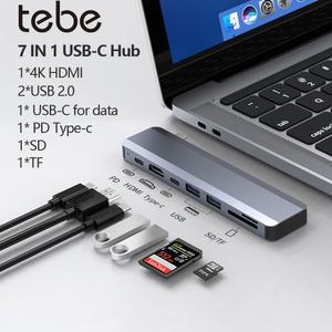 Tebe 7 IN 1 USB-C 허브 어댑터 Type-c - 4K HDMI 호환 USB 2.0 데이터 스플리터 SD TF 카드 리더 멀티포트 USB C 허브 (맥용)