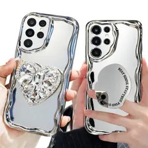 갤럭시S26 S25 울트라 플러스 미러 큐빅 하트 스마트톡 거치대 메탈릭 실버 실리콘 케이스