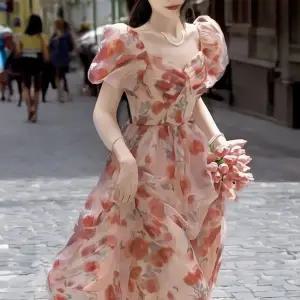 [디작소][sale] 빈티지 플라워 쉬폰 소매 원피스 슬림핏