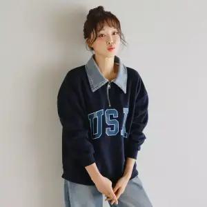 [핑크시슬리] USA 반집업 데님카라 콤비 박스 맨투맨