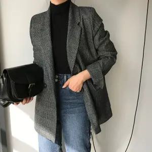 여자 가을 체크 자켓 트위드 캐주얼 정장 마이 면접 소매롤업 루즈핏 직장인 블레이저 GH006