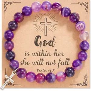 로펀 크로스 묵주 구슬 팔찌 종교 기도 천연 아가미 스트레치 여성 친구들에게 영감을 주는 선물