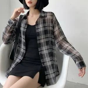 캐쉬캔버스 여성용 시스루 체크 셔츠 남방 블라우스 오버핏