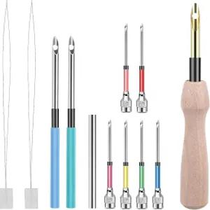 12개 펀치 바늘 키트 자수 도구 나무 손잡이 실타래 세트 초급 크로스 스티칭