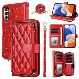 Furill 삼성 호환 카드 레드 스트랩 지갑 어깨끈 5G용 S23 이상의 탈착식 여성용 럭셔리 삼성제품 슬롯 S23FE PU 휴대폰 손목 FE 가죽 23S 커버 23 EF 케이스 9개 지퍼 스탠드