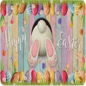 행복한 부활절 현관 매트 야외 장식 다채로운 나무 알갱이 알 토끼 꼬리 재미있는 도어 환영 러그 17인치