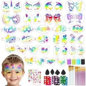 재사용 가능한 페이스 페인팅 스텐실 32개가 포함된 63Pc 키트 9장의 타투 템플릿 스티커 브러시 15개 보석