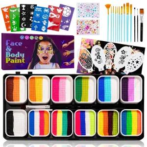 페이스 페인팅 키트-12 스플릿 케이크 팔레트 키트 전문가 스텐실 레인보우 무독성 워터 활성화 메이크업
