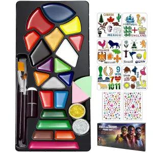 페이스 페인트 키트 - 스텐실과 보석이 포함된 20가지 무독성 워터 활성화 팔레트 축구 팬을 위한 세트