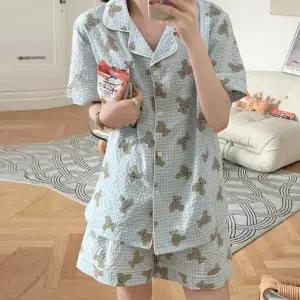 [유어하젤] 민트베어 시어서커 반팔 파자마 면잠옷 세트_S4655