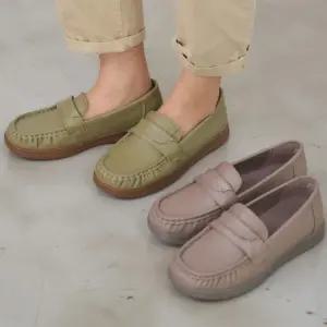 여자 봄 가을 데일리 편안한 소가죽 플랫 슈즈