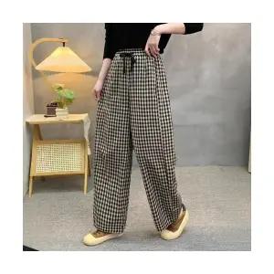 EAMT 여성 리넨 커프스 가을 캐주얼 일자 슬림핏 바지 체크 YJ3