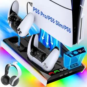 자동 터보팬과 3레벨 속도의 PS5/슬림/프로 냉각 스테이션 컨트롤러 충전기가 있는 PS5 수직 스탠드 팬
