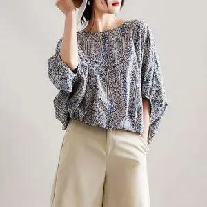 블루 여름블라우스 반팔블라우스 여성 루즈핏 패턴 블라우스 반팔