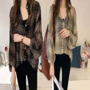 남방 여자 시스루 얇은 블라우스 셔츠 벌룬소매 체크