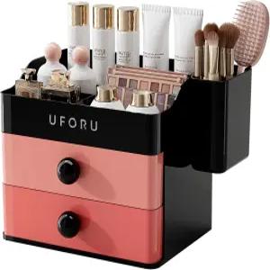브러시 홀더가 있는 배니티용 UFORU 메이크업 오거나이저 서랍 2개가 카운터탑 스킨케어 향수용 넓은