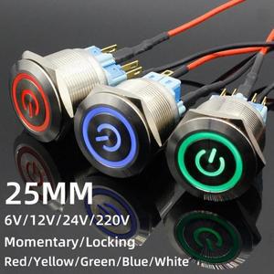 1개 25mm 6핀 PC 전원 심볼 메탈 스테인리스 스틸 순간/지속 LED 푸시 버튼 스위치 자동차 엔진 스타트