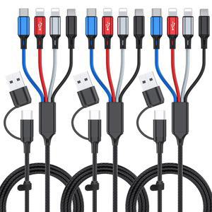 6 in 1 멀티 충전 케이블 3Pack-6FT USB 3A 브레이드 멀티폰 2*IP /타입 C /셀폰용 마이크로 포트 /태블릿