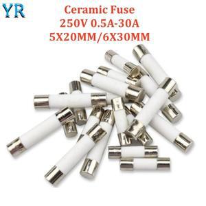 10PCS 5X20MM 6X30MM 세라믹 퓨즈 250V 0.5A 1A 2A 3A 4A 5A 6.3A 7A 8A 고속 블로우 튜브 가용성