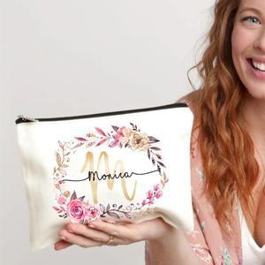 이름 있는 맞춤형 이니셜 메이크업 백 신부 화장품 케이스 캔버스 모노그램 세면 용품 파우치 생일 결혼식