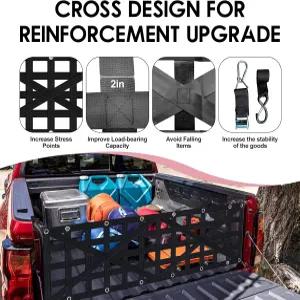 트럭 침대용 헤비 듀티 테일게이트 네트 4개의 조절 가능한 버클 스트랩이 있는 카고 지프 픽업 보트 SUV