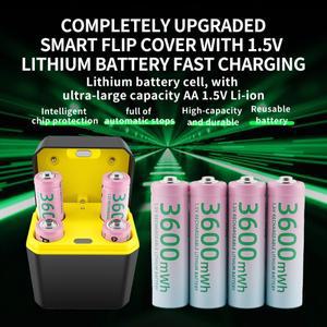 쿠그로 1.5V 충전식 AA 리튬 배터리 3600mWh 스마트 고속 충전기 박스 포함 업그레이드된 스마트 칩 보호