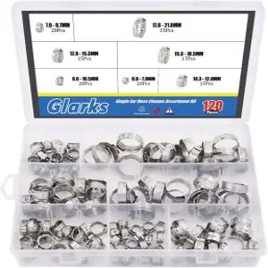 글락스 120Pcs 7-21mm 304 스테인리스 스틸 싱글 이어 호스 클램프 모음 키트