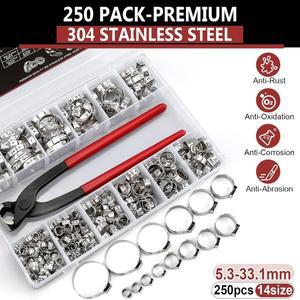 250PCS 단일 귀 호스 클램프 5.3-33.1mm 304 스테인레스 스틸 키트 자동차 파이프 라인 무단 적합