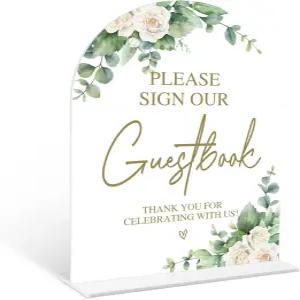유칼립투스 로즈 방명록 사인 홀더가 있는 6 x 8 인치 화이트 아치 아크릴 웨딩 예식 및 피로연을 위한