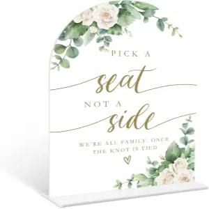 유칼립투스 로즈 사이드 사인이 아닌 좌석 선택 홀더가 있는 6 x 8 인치 화이트 아치 아크릴 웨딩 사인