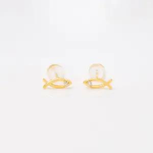 여자 순금 귀걸이 [라인 물고기] 모이사나이트