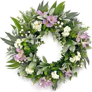 현관문용 24인치 스프링 화환 흰색과 보라색 꽃이 있는 인조 양귀엽 가정용 벽 장식용 농가 그린러리