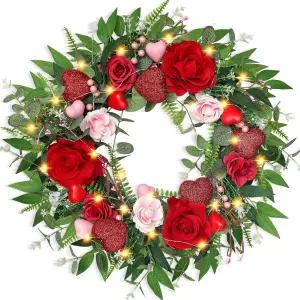 20인치 발렌타인 데이 화환 현관문용 핑크와 레드 플라워 하트가 있는 봄 여름 유칼립투스 그리너리 기념