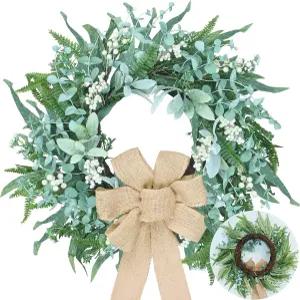 현관문 24인치 유칼립투스 화환 녹색 화환에 잎이 달린 나비 열매를 가정용 농가로 남기기 봄 여름 가을