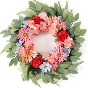 보마롤란 인공 수국 데이지 화환 24인치 현관문용 봄 여름 코스모스 모란과 유칼립투스 잎사귀 큰 실내